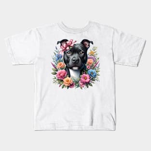 A staffordshire bull terrier decorated with beautiful colorful flowers. Kids T-Shirt